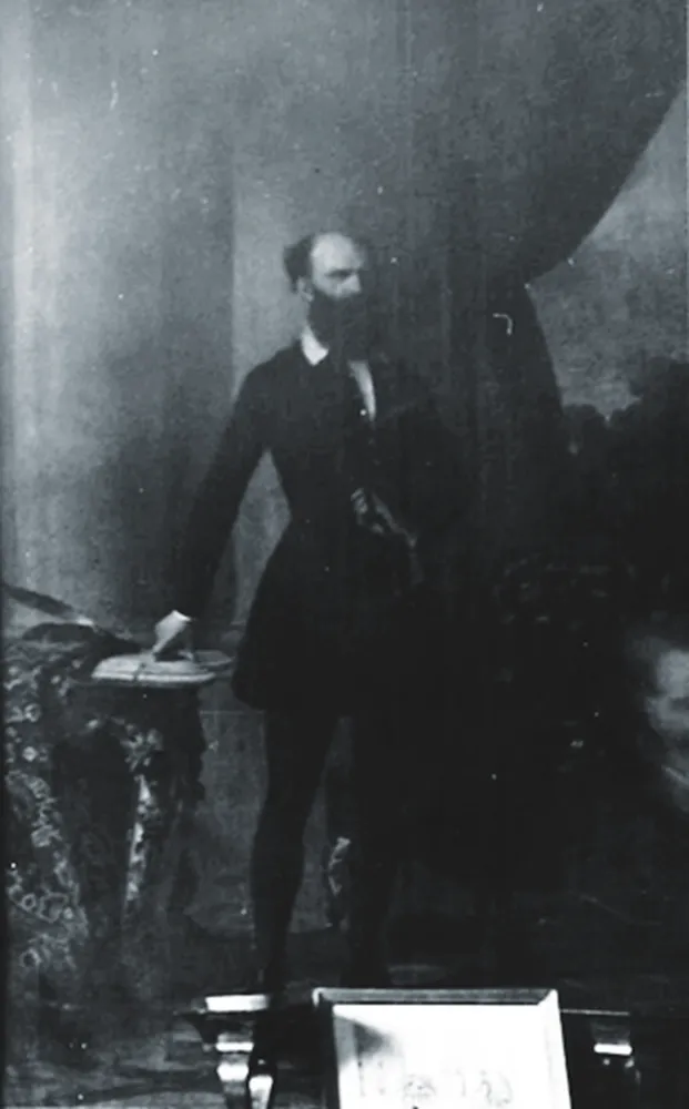 Barabás Miklós Batthyány Lajos álló portréja asztal mellett, klasszikus műtermi háttérrel