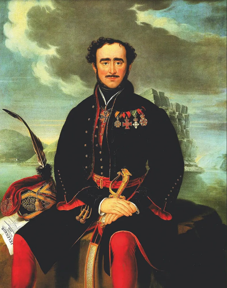 Schoefft Ágoston után: Széchenyi István a Vaskapunál, 1836, romantikus tájképi háttérrel ábrázolt főnemesi portré