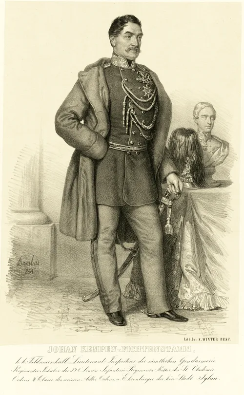 Johann Franz Kempen von Fichtenstamm tábornok I. Ferenc szobrával